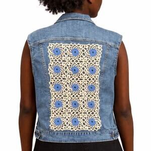 Cottage Core Blue Denim Vest Crochet Back Panel Size XL Boho Hippie Upcycled